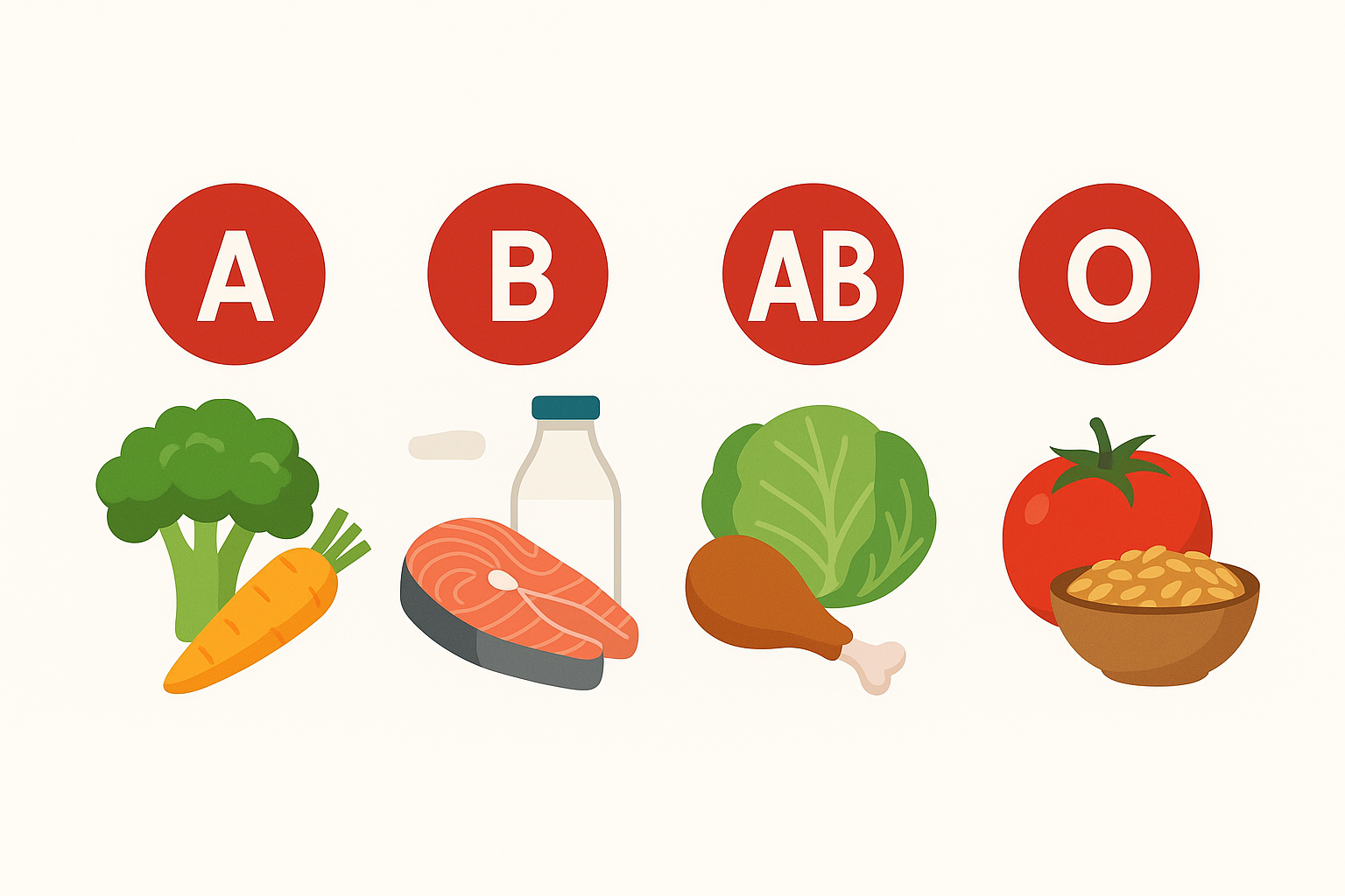 Iconos de los grupos sanguíneos A, B, AB y O junto a alimentos
