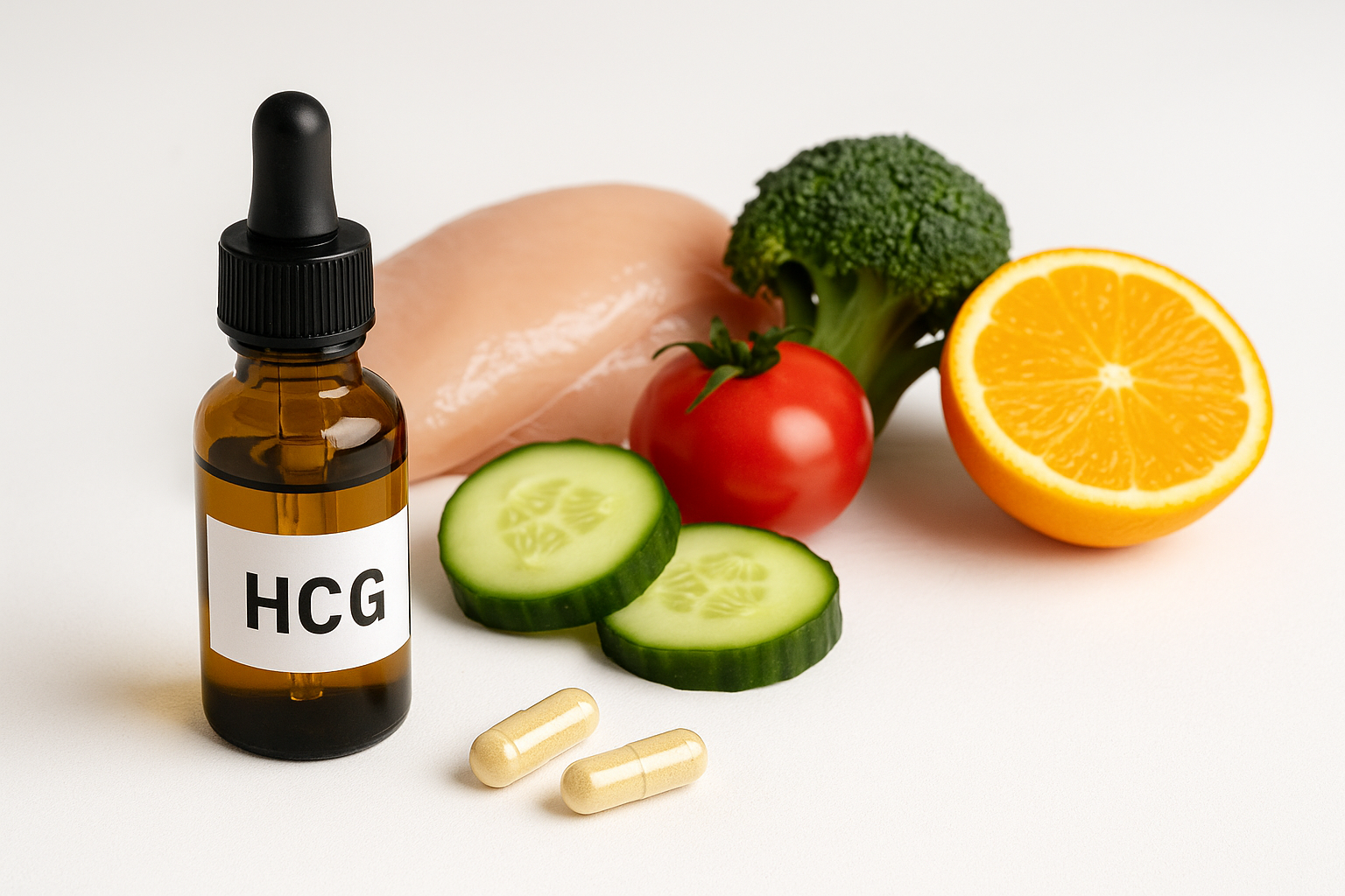 Gotero con hormona HCG sobre fondo blanco y alimentos de dieta baja en calorías