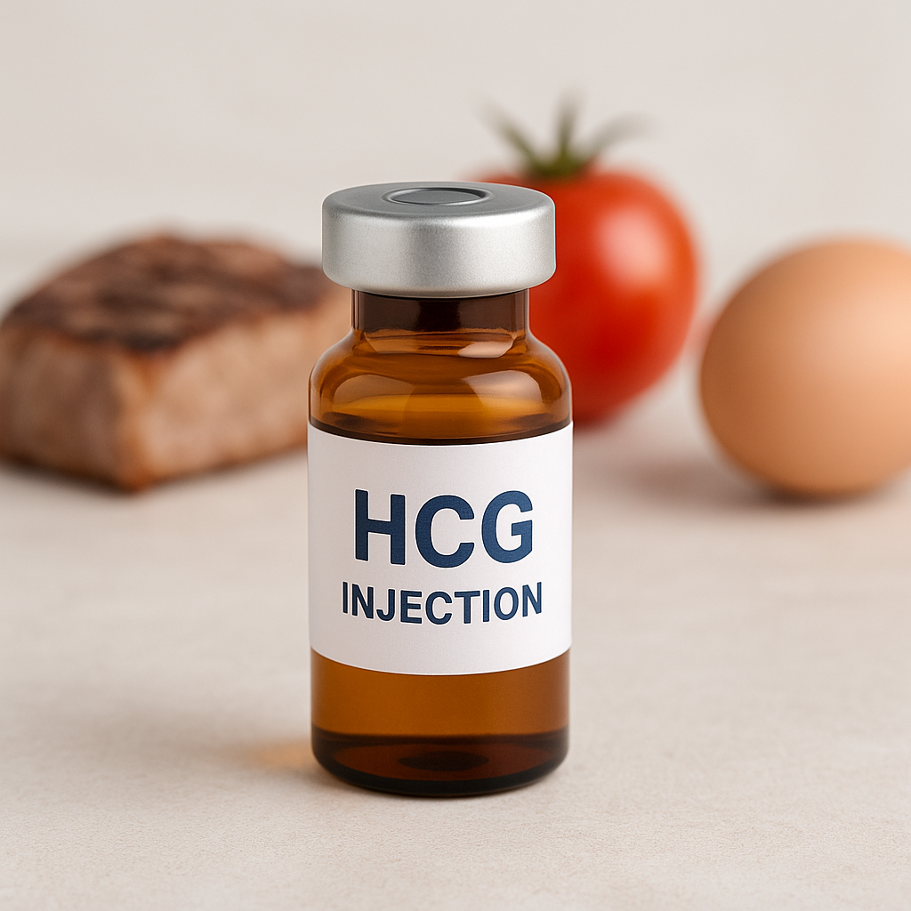Frasco con hormona HCG junto a cinta métrica y alimentos restringidos