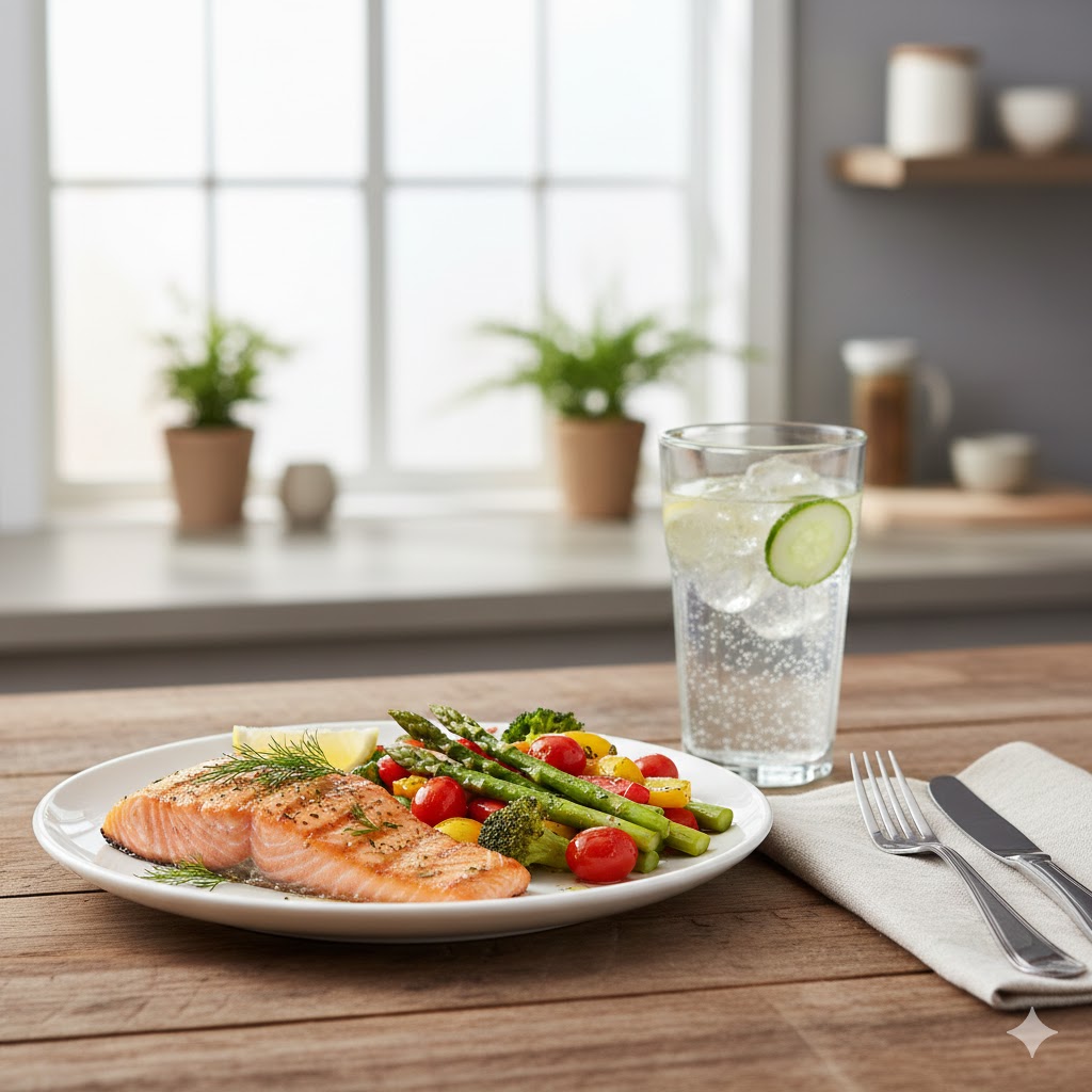 Plato saludable con verduras y proteína acompañado de agua