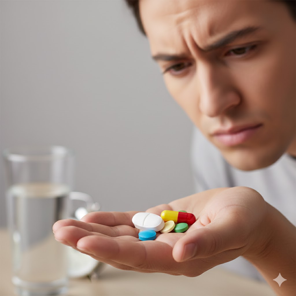 Mano sosteniendo varias pastillas de colores con expresión de duda