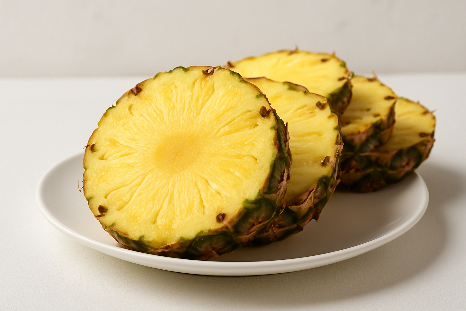 Rodajas de piña fresca en un plato sobre fondo claro