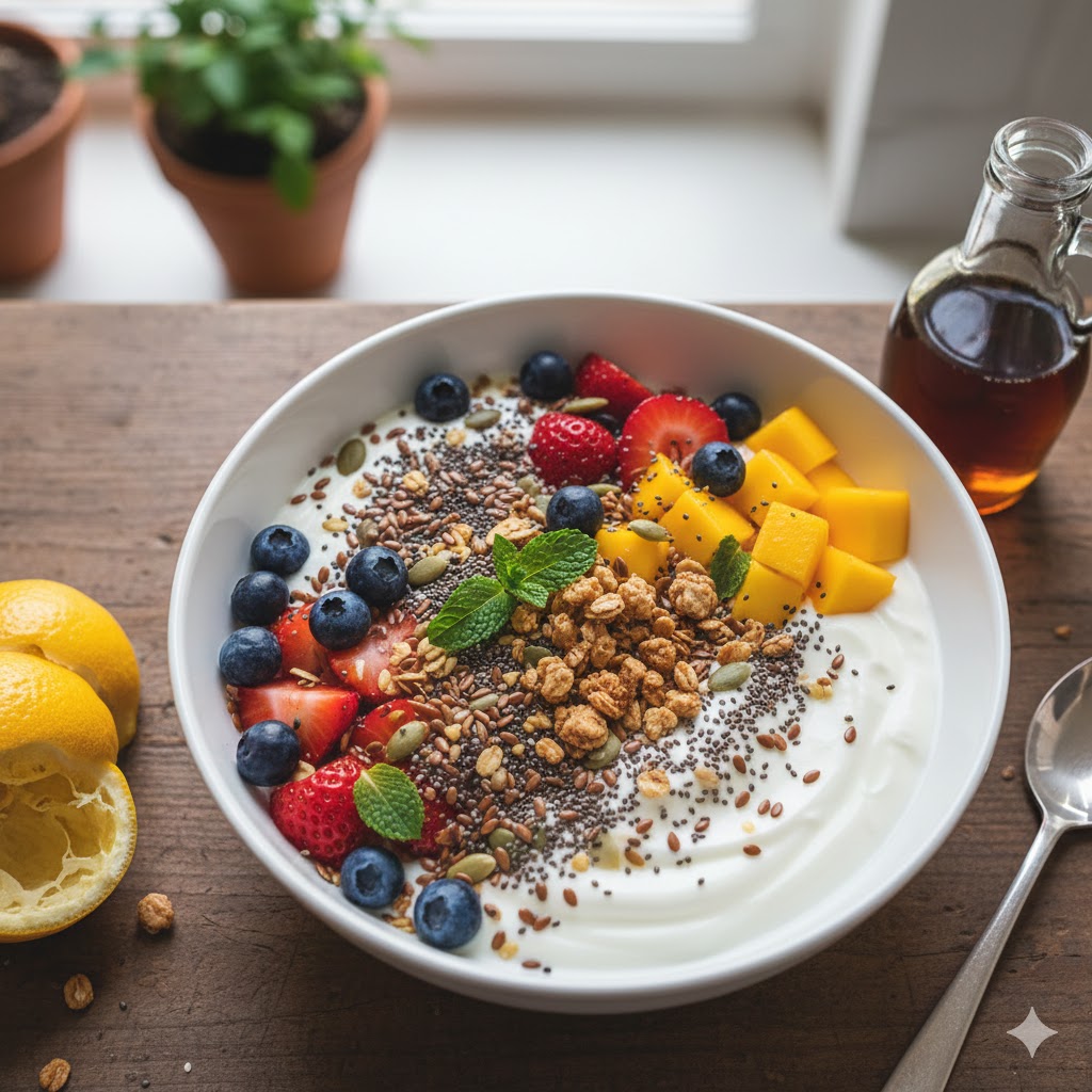 Plato saludable con frutas, semillas y yogur como alternativa a la dieta del sirope