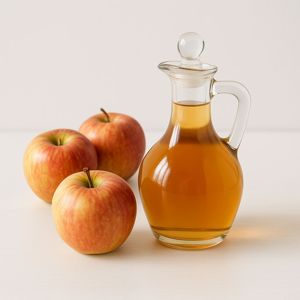 Vinagre de manzana en frasco de vidrio junto a manzanas rojas