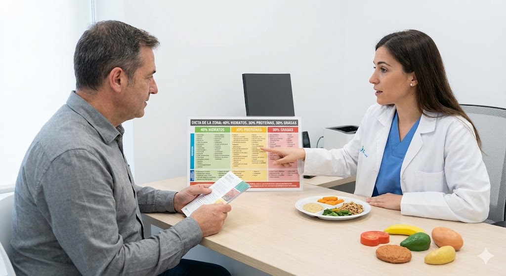 Profesional sanitario explicando un plan de dieta de la zona a una persona