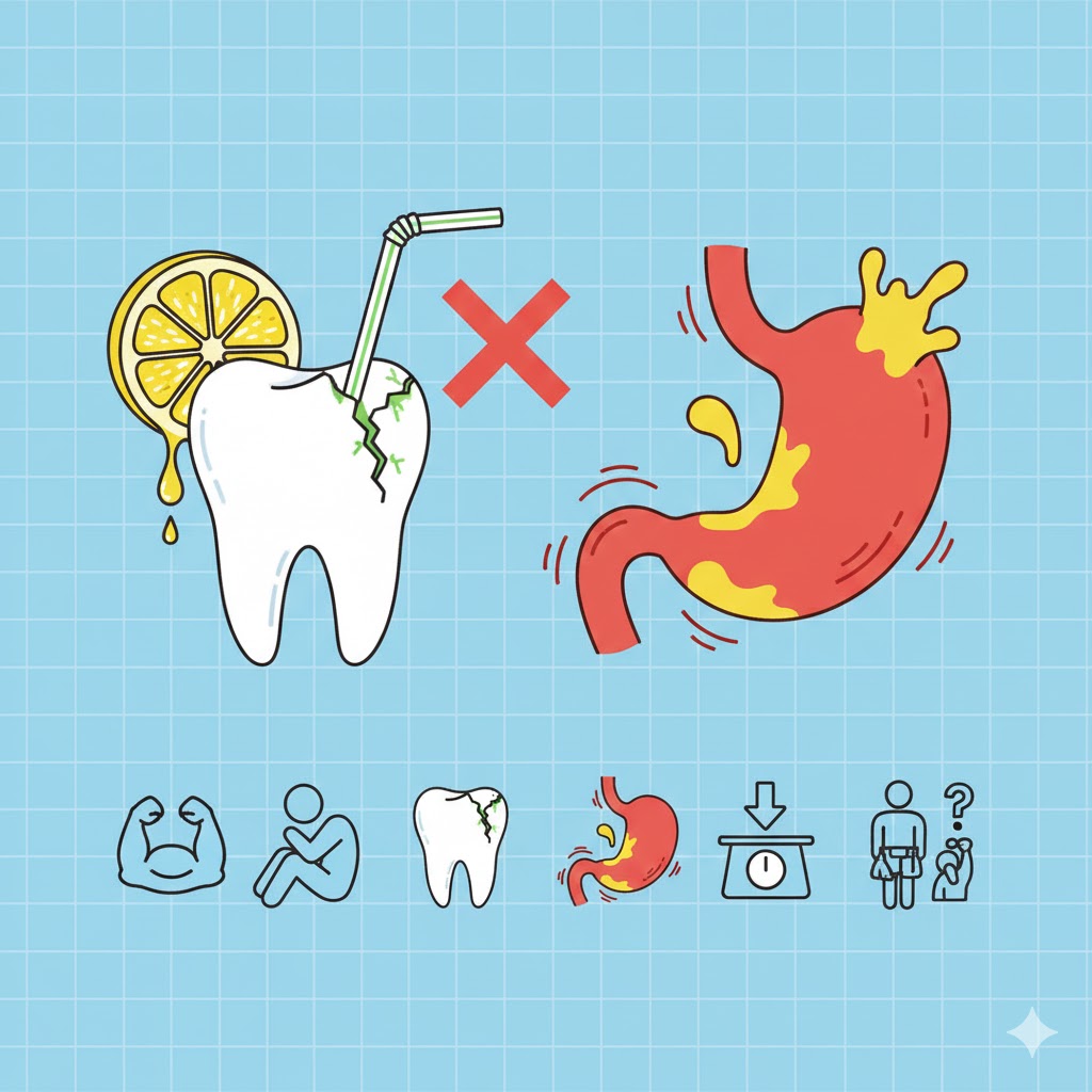 Ilustración de daños en dientes y estómago asociados al exceso de limón