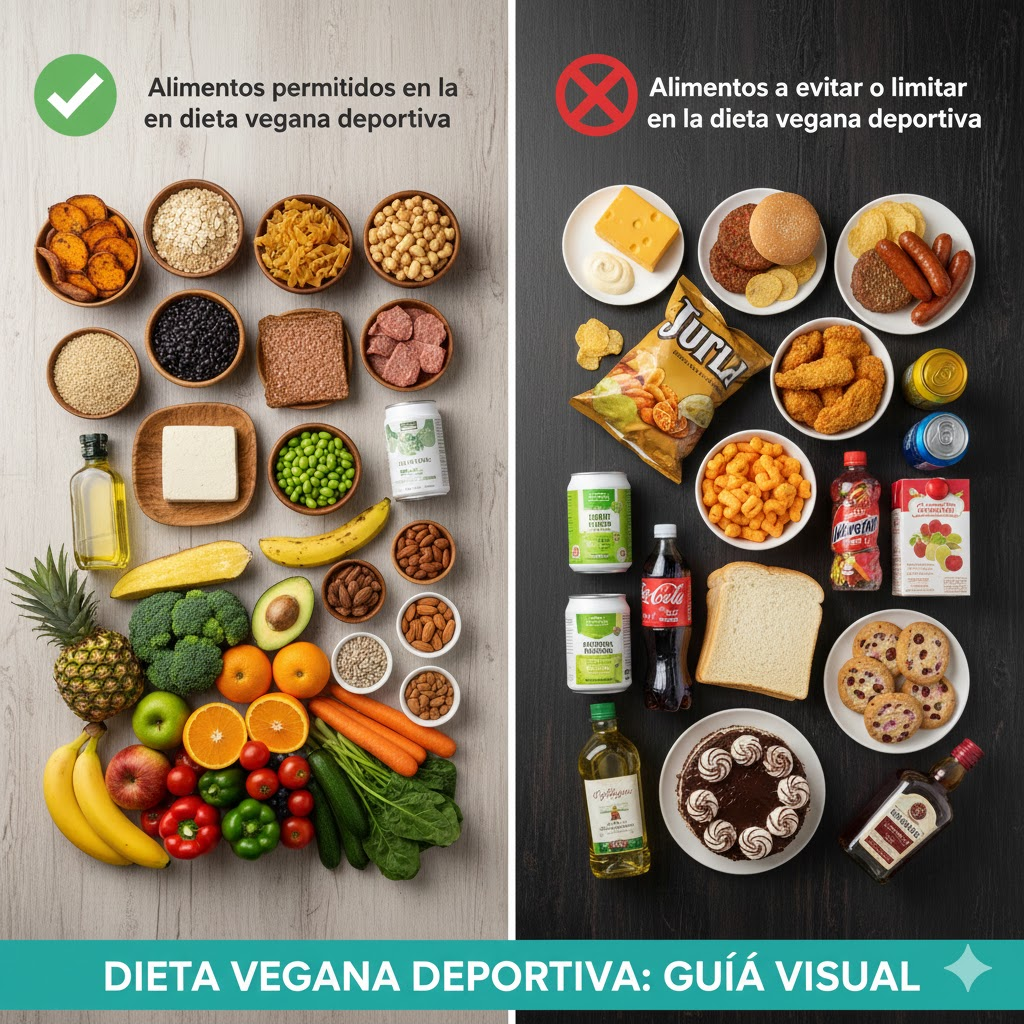 Ejemplo de alimentos recomendados y a evitar en una dieta vegana para deportistas