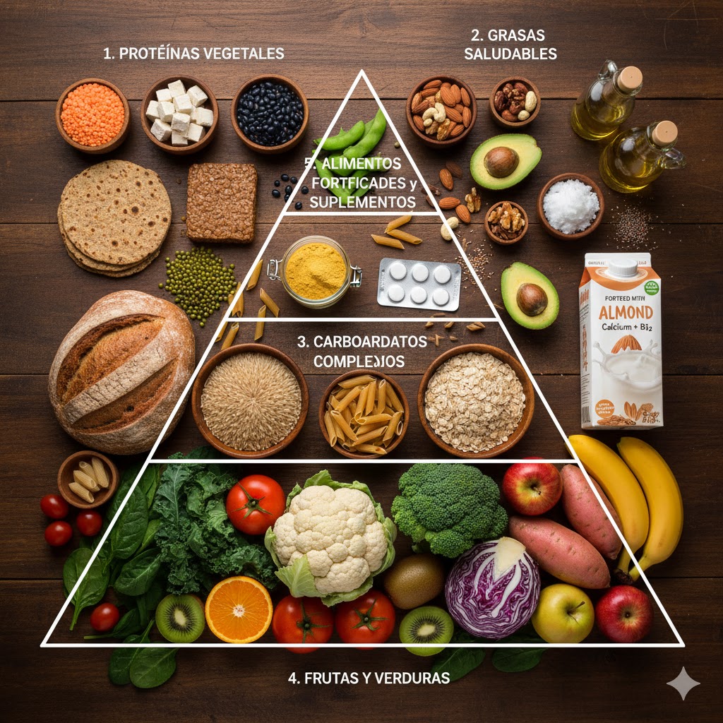 Ejemplo de alimentos principales en una dieta vegana: legumbres, frutos secos, cereales integrales y verduras