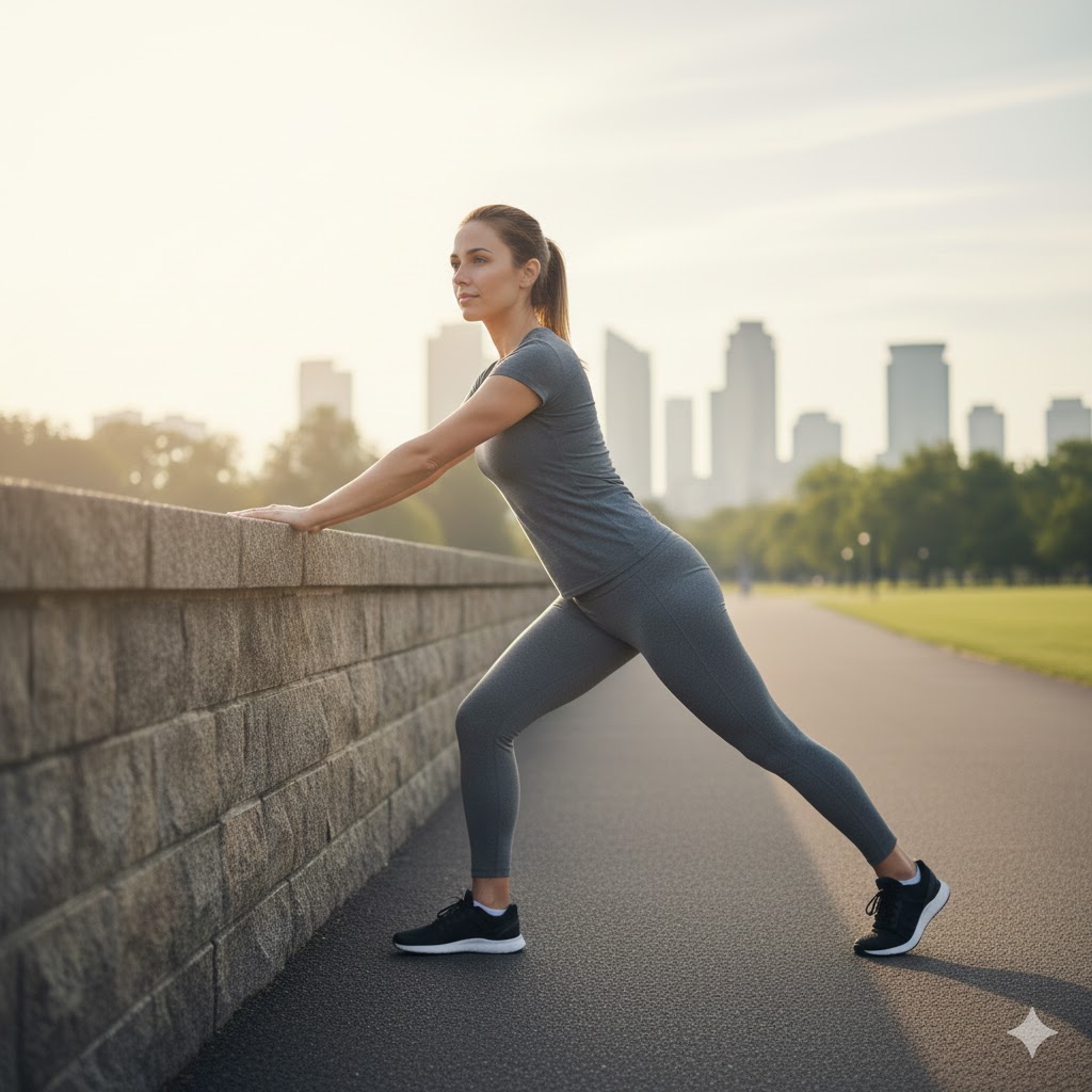 Persona realizando estiramiento de gemelos con una pierna extendida hacia atrás y talón apoyado