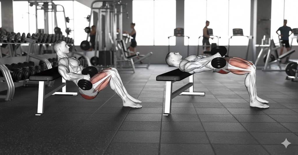 Persona realizando hip thrust con banco y barra, con técnica correcta