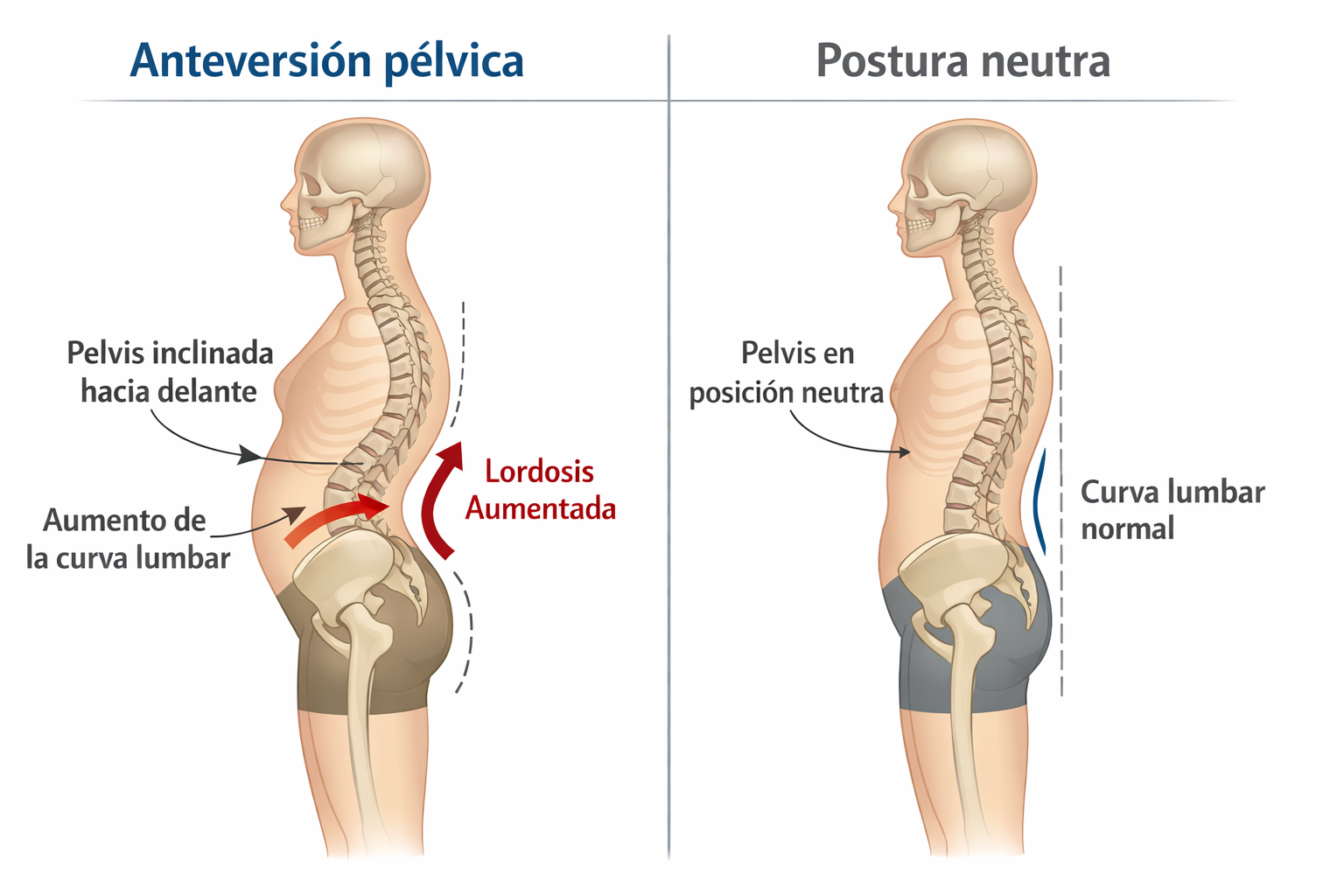 Anteversión pélvica: pelvis inclinada hacia delante y aumento de la curva lumbar frente a postura neutra
