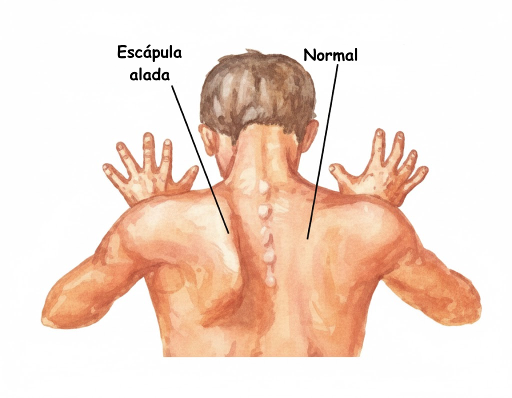 Comparación de prueba en pared: escápula estable frente a escápula alada que sobresale