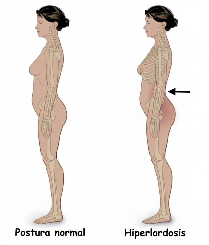 Comparación en vista lateral: hiperlordosis lumbar con pelvis en anteversión frente a alineación más neutra