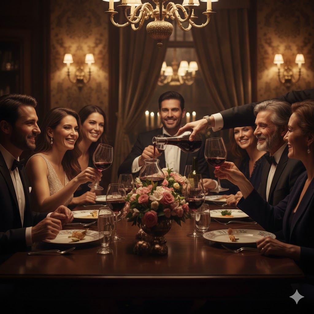 Brindis elegante con copas de vino en la mesa