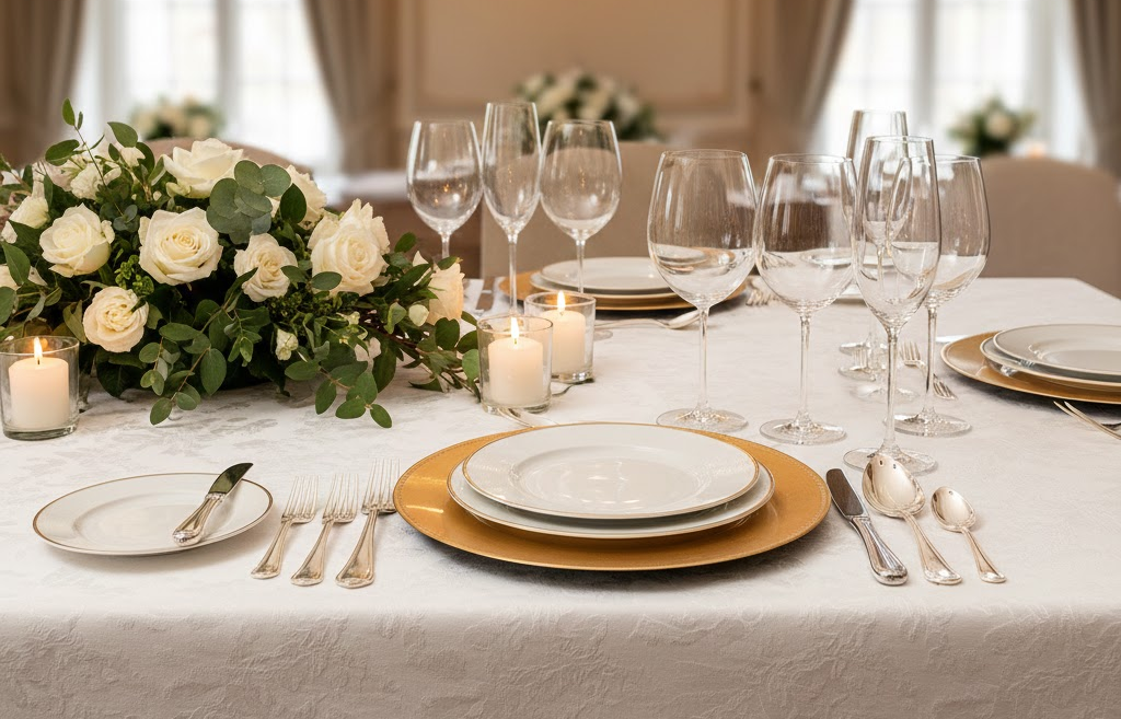 Mesa elegantemente puesta con platos, cubiertos y copas