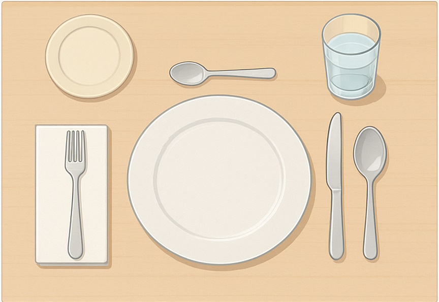 Ejemplo de mesa básica informal con plato, cubiertos y vaso