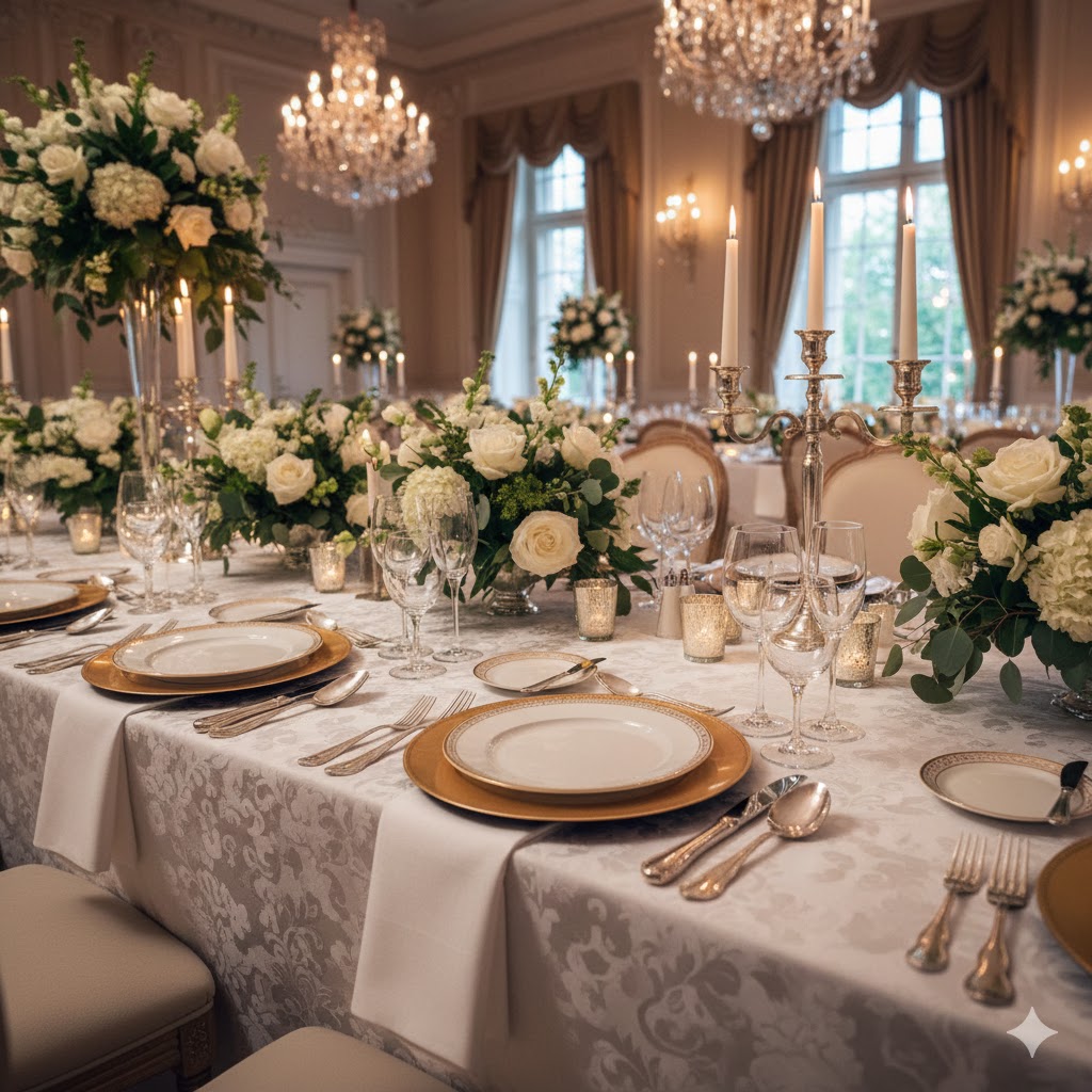 Mesa formal elegante preparada para banquete