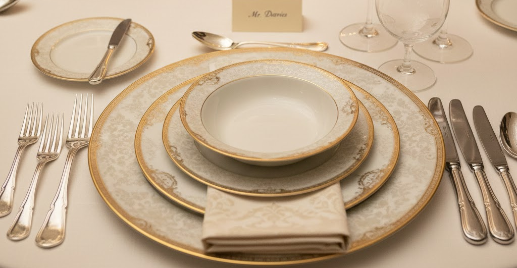 Mesa formal con cubiertos correctamente dispuestos