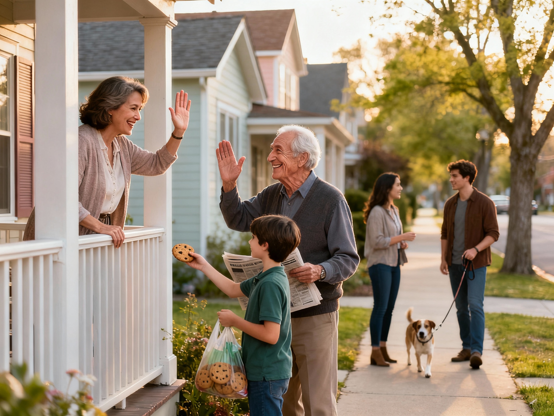 Vecinos saludándose y construyendo una comunidad agradable