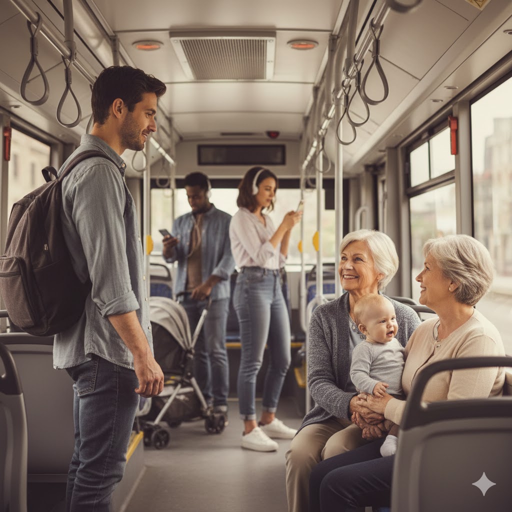 Personas viajando en transporte público con buenos modales