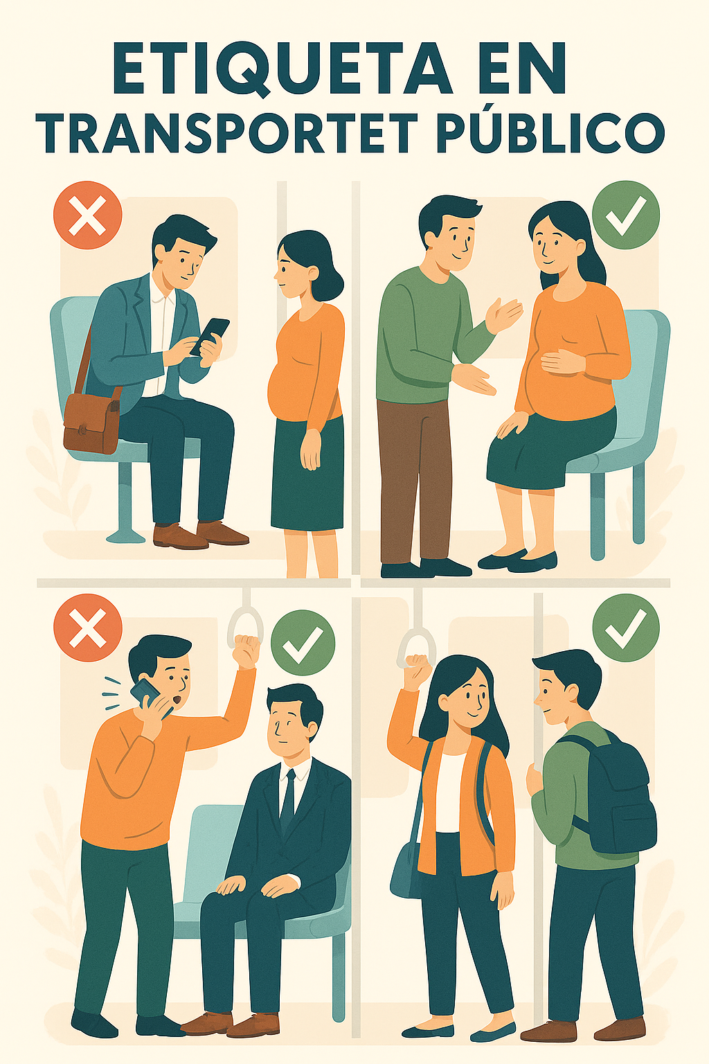 Viajeros mostrando buenos modales en transporte público