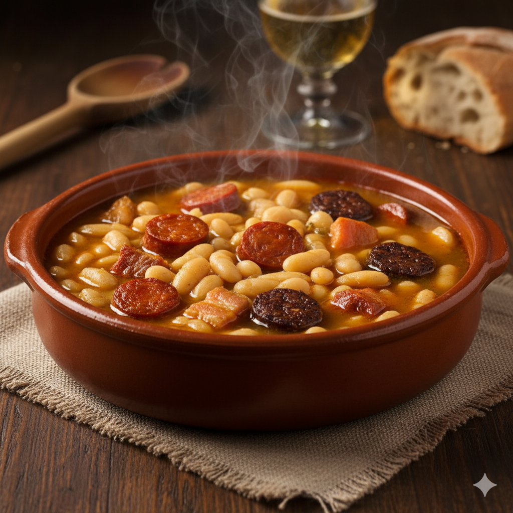 Plato de fabada asturiana servido caliente con trozos de compango