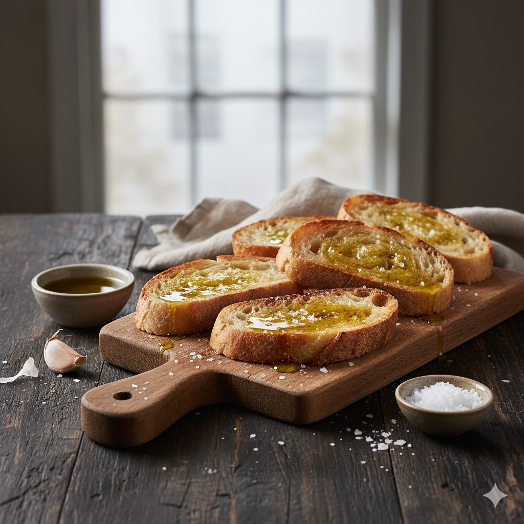 Tostas con aceite y sal servidas