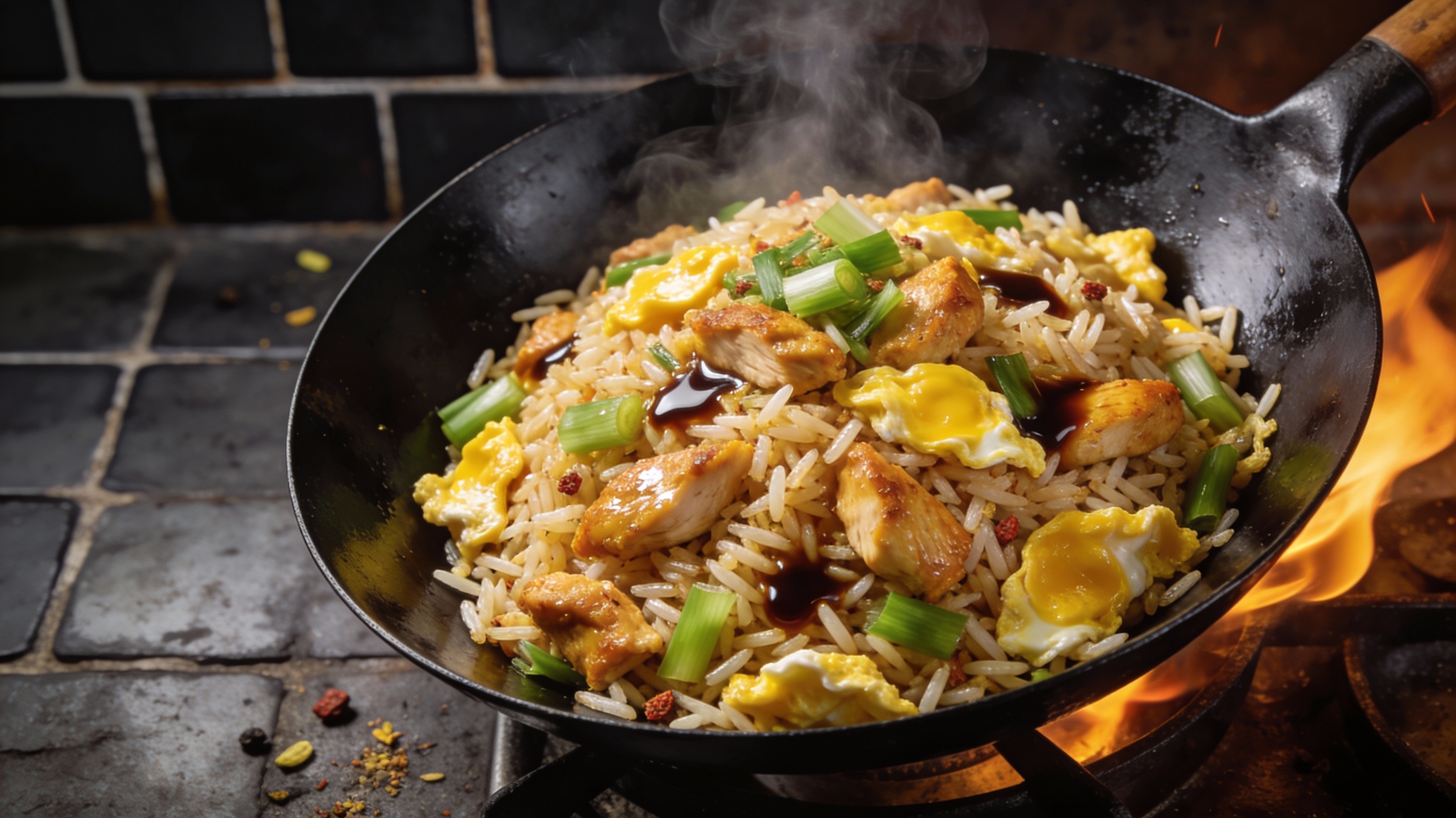 Arroz Chaufa Peruano con pollo, huevo, cebolla china y salsa de soja, salteado al wok