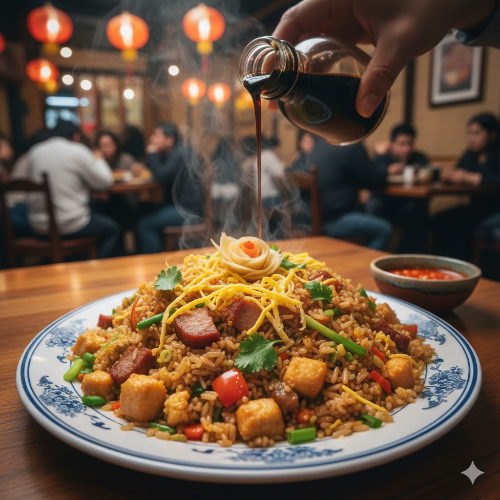 Arroz Chaufa servido en plato con huevo hilado, cebolla china y decoración de jengibre