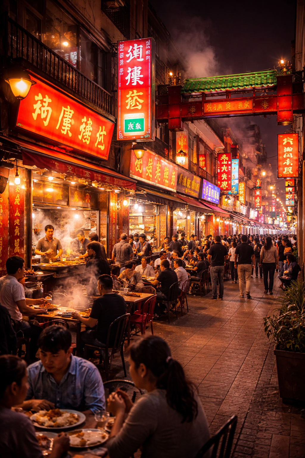 Barrio Chino de Lima de noche con luces de neón y restaurantes chifa llenos