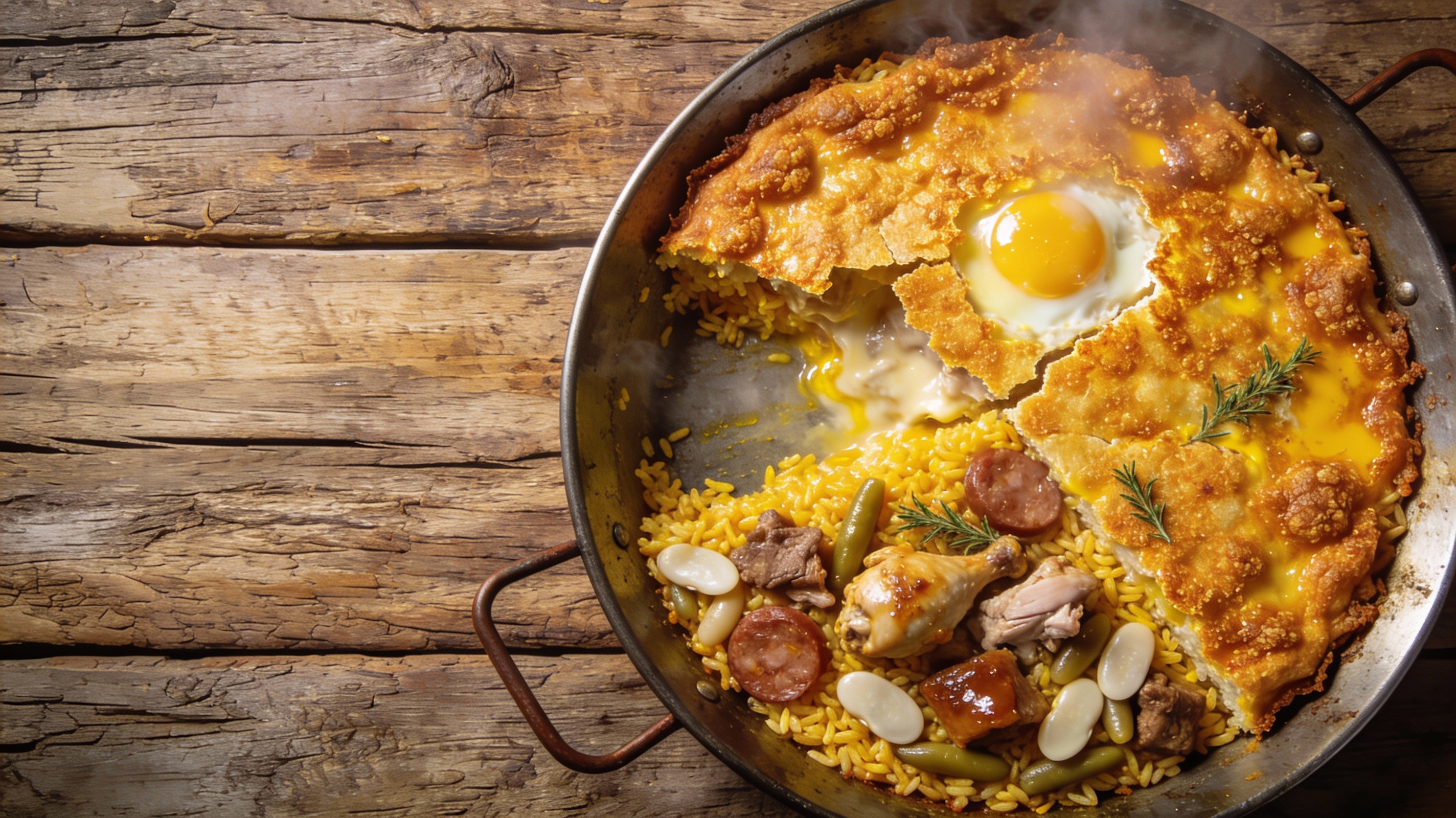 Arroz con costra: arroz tradicional con carnes y embutidos, terminado con huevo al horno