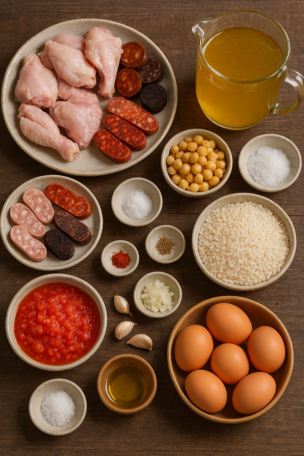Ingredientes para arroz con costra: pollo, conejo, embutidos, arroz, caldo y huevos