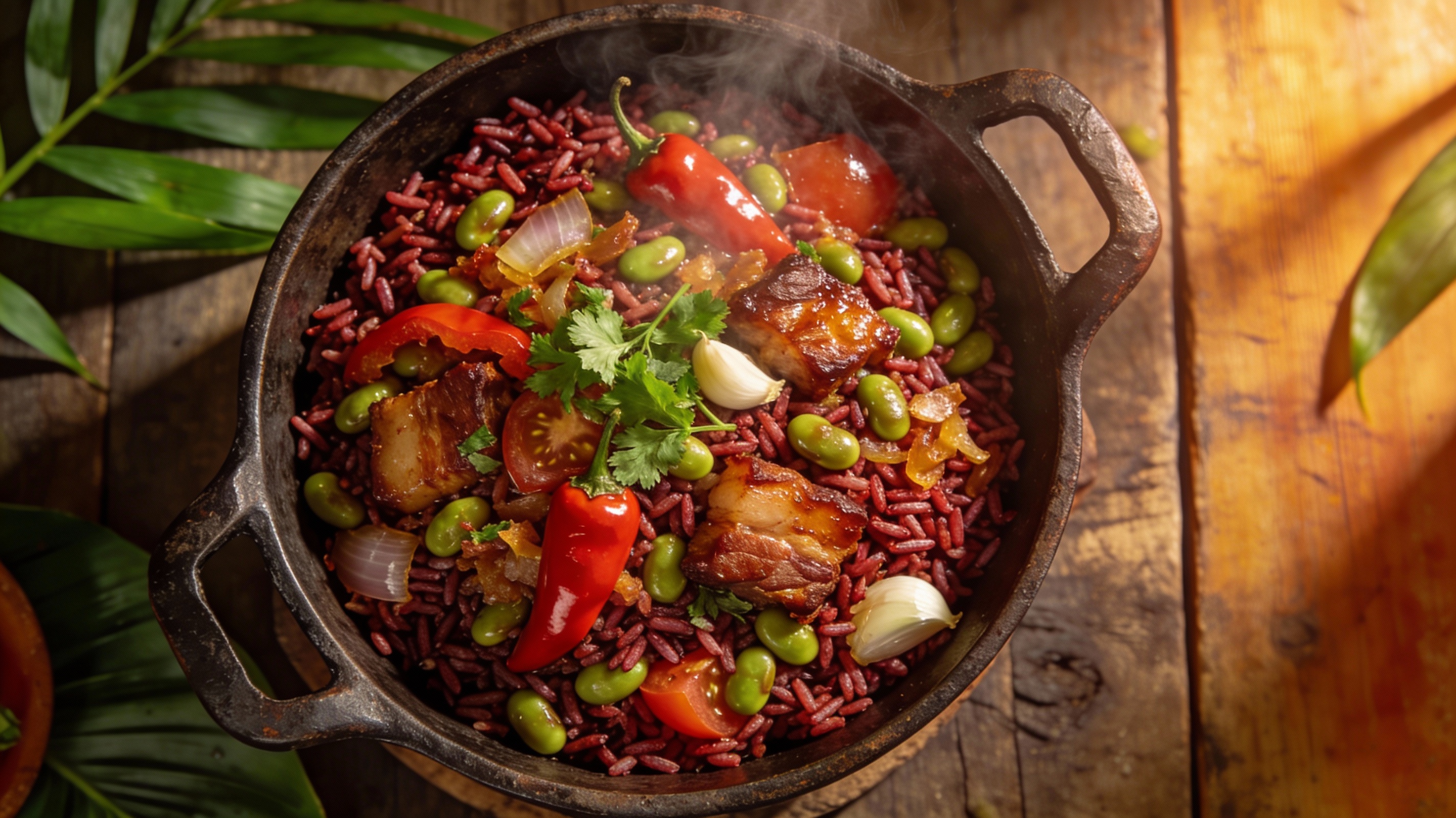Arroz con gandules puertorriqueño servido en cazuela de barro, con trozos de cerdo y color anaranjado intenso del achiote