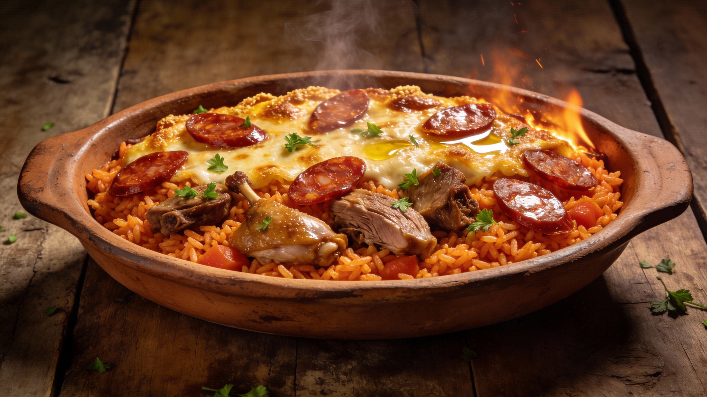 Arroz de pato portugués gratinado con lonchas de chorizo, servido en fuente de barro tradicional