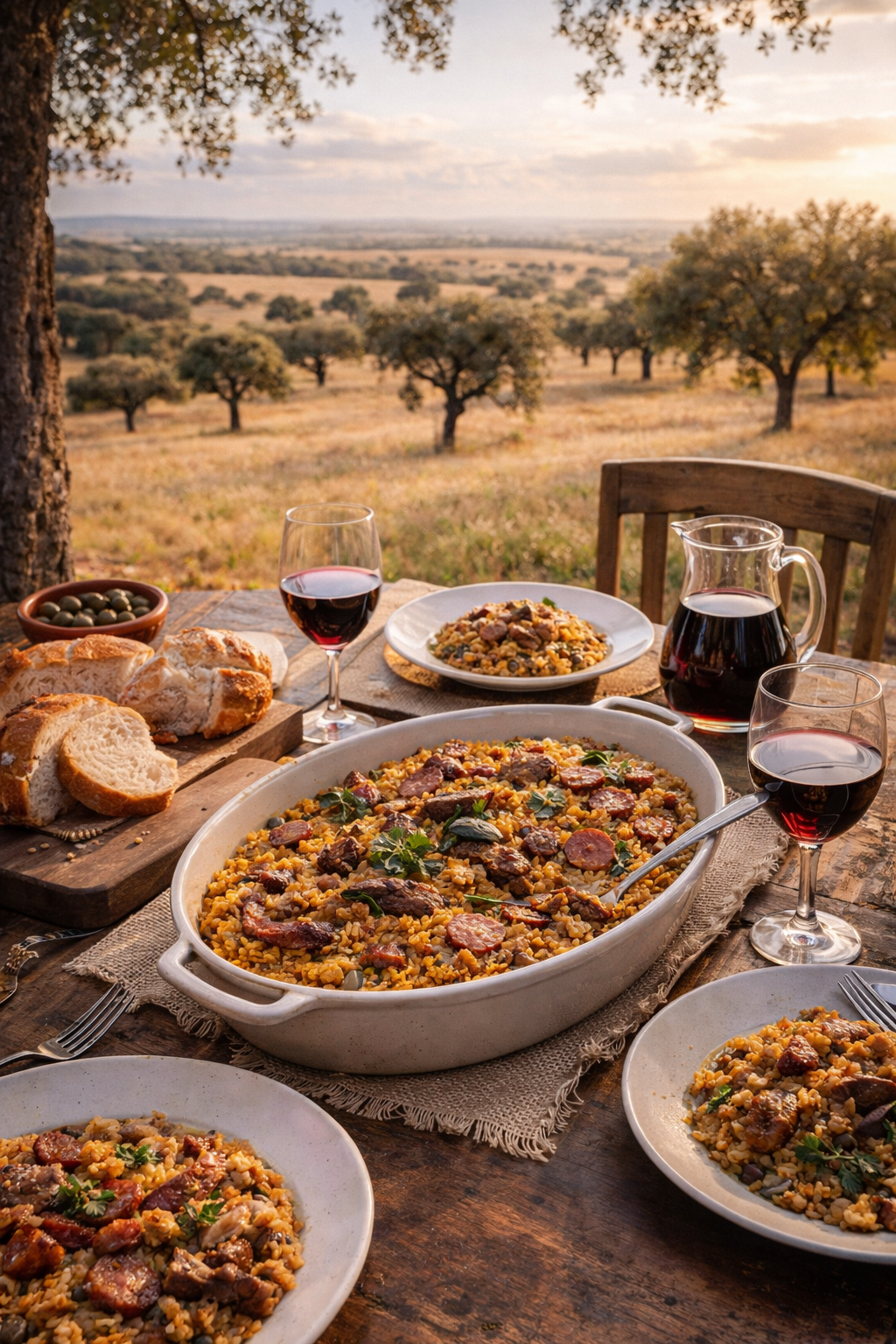 Paisaje del Alentejo con campo de alcornoques y mesa rústica con arroz de pato servido