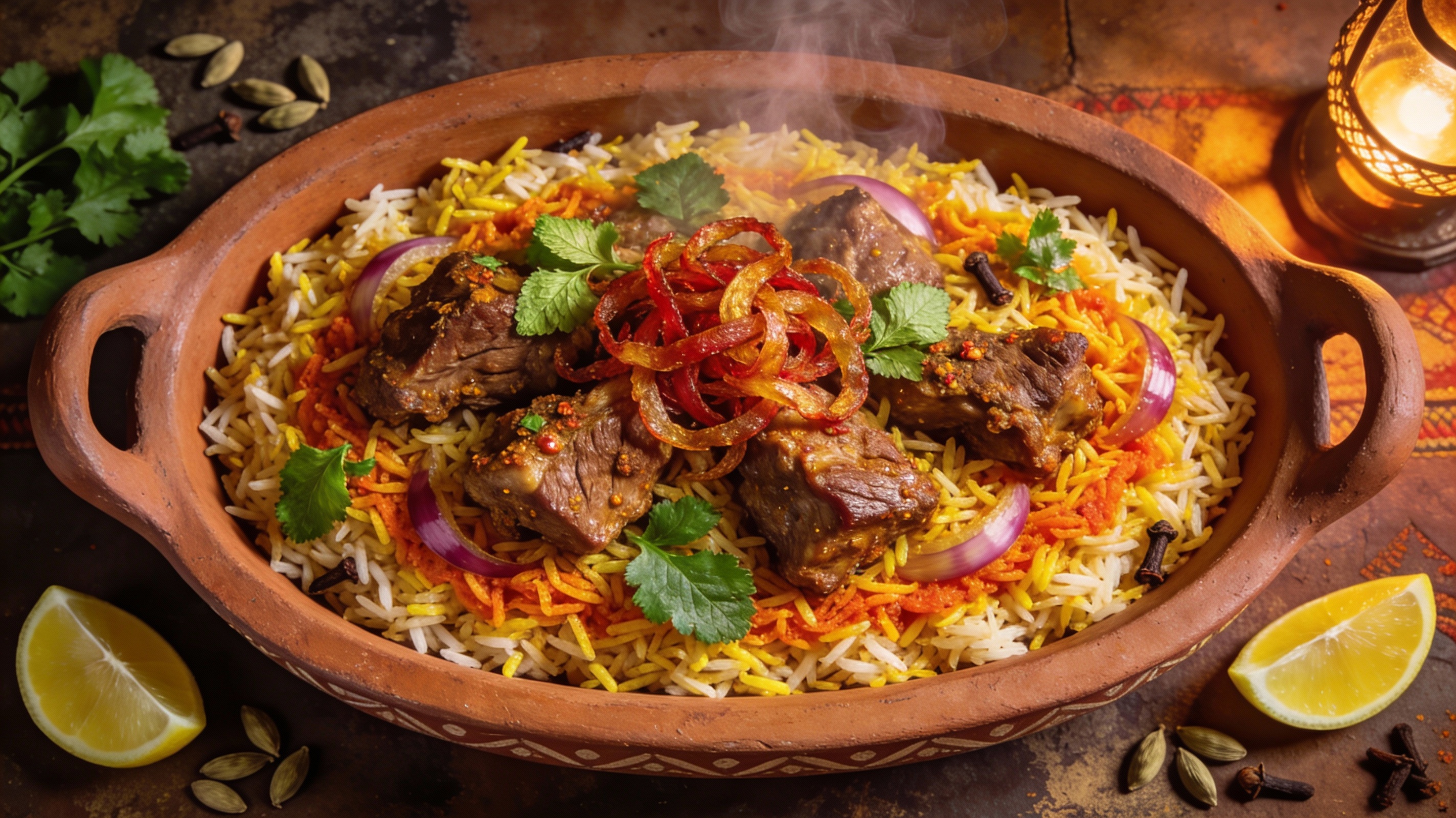 Biryani de cordero servido en cazuela de barro con hierbas frescas y rodajas de limón