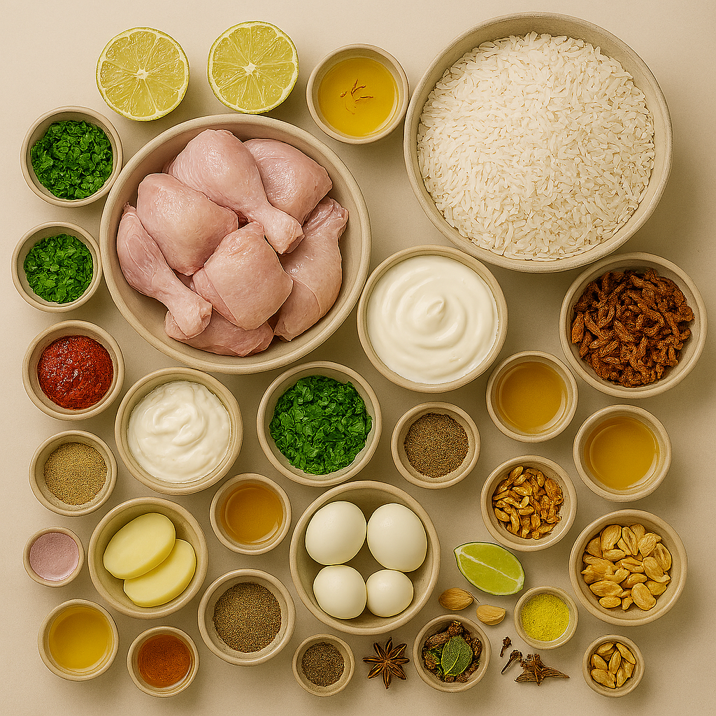 Ingredientes para Biryani de pollo: pollo con hueso, arroz basmati, especias y hierbas frescas