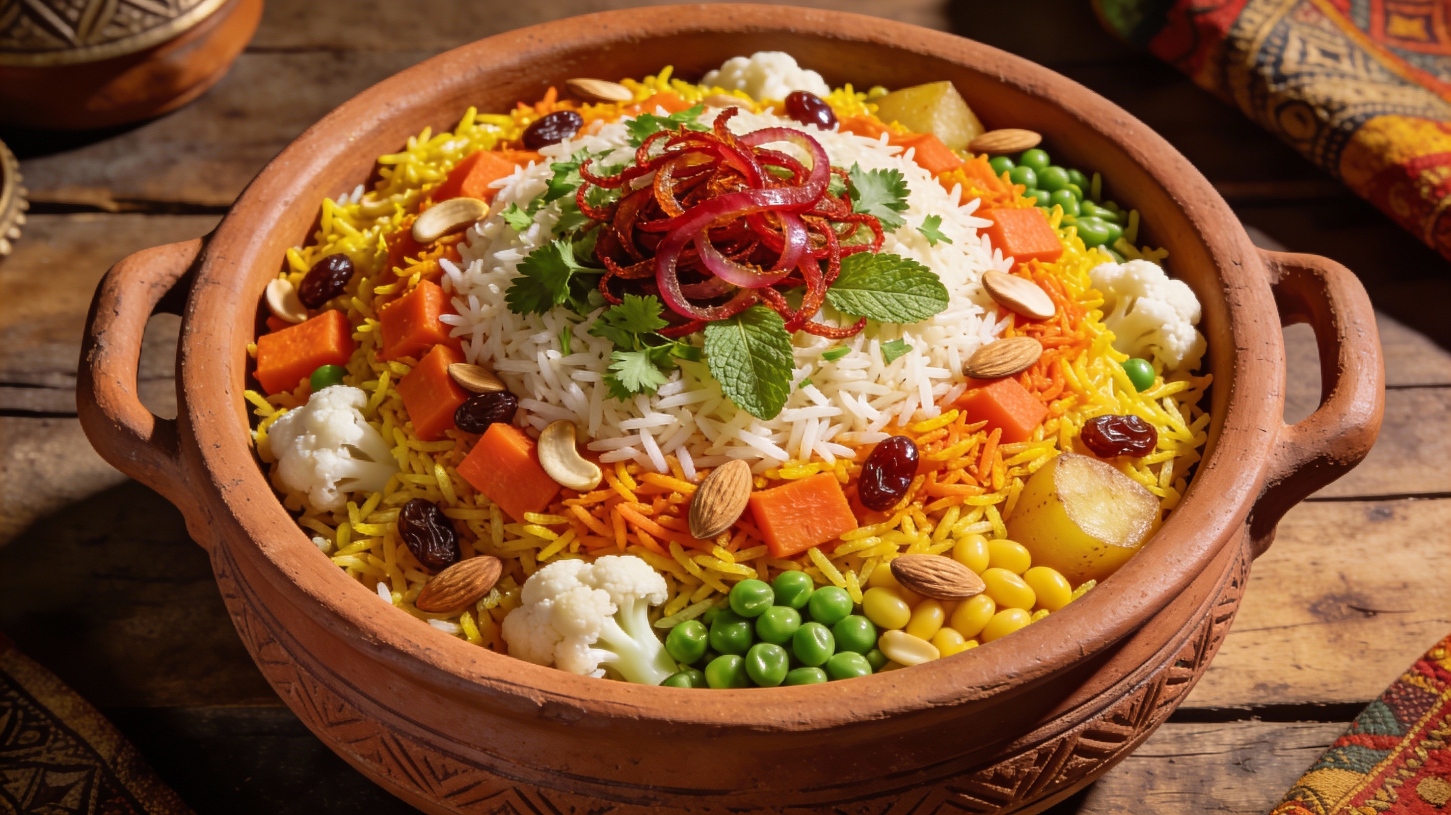 Biryani vegetal colorido con verduras de temporada, frutos secos y hierbas frescas