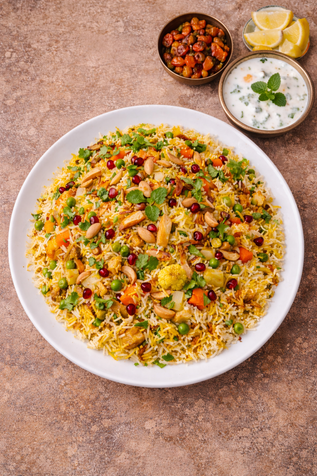 Biryani vegetal presentado en plato blanco con decoración de hierbas y frutos secos