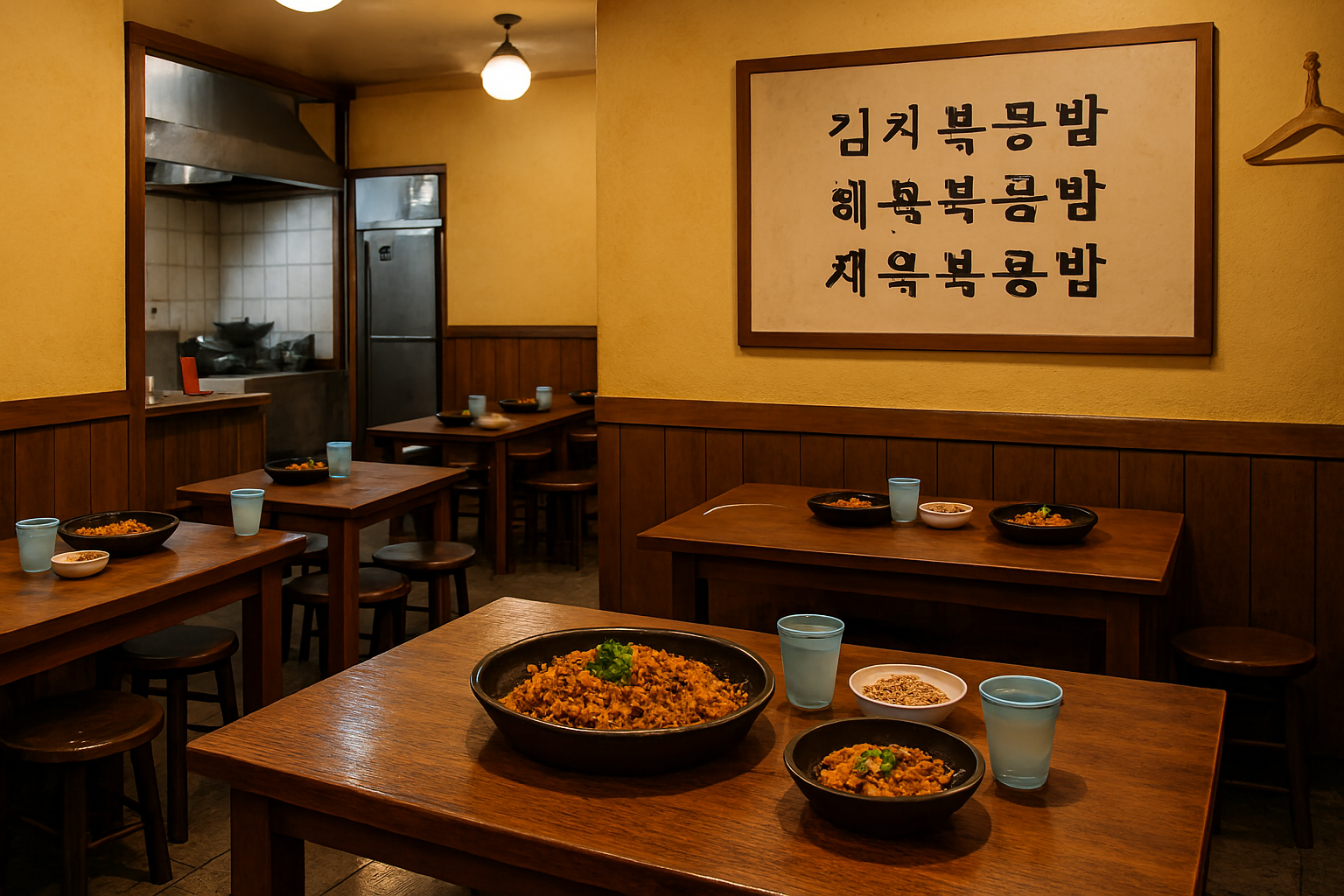 Interior típico de un restaurante de bokkeumbap en Seúl con mesas compartidas