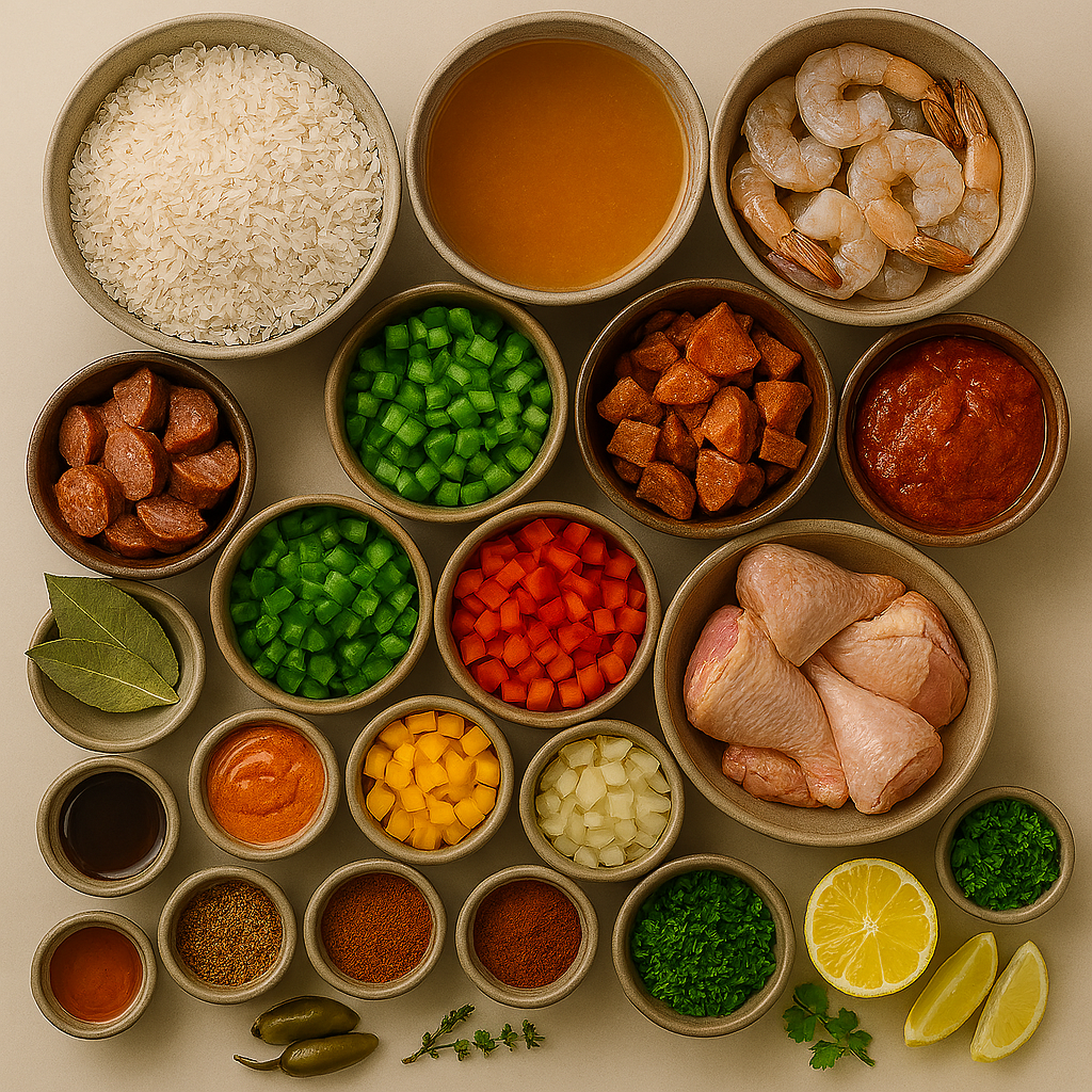 Ingredientes para Jambalaya: holy trinity, tres carnes, arroz y especias creole