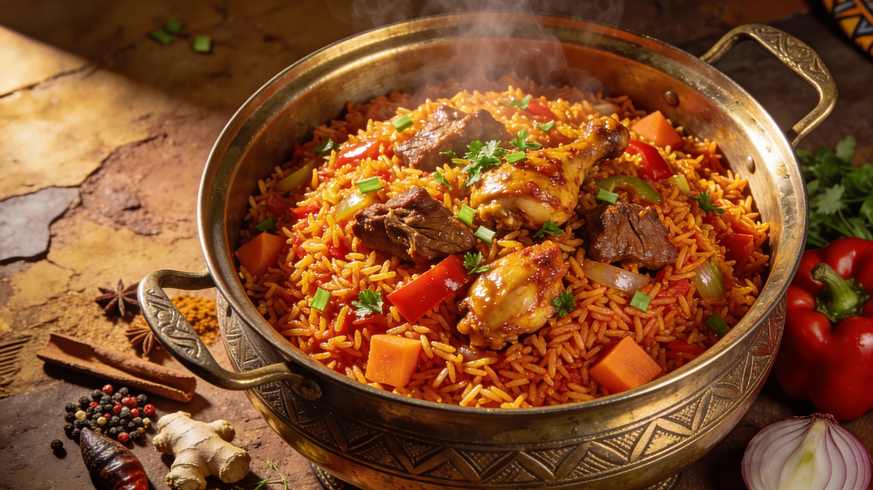 Jollof Rice dorado y humeante en olla grande con carne y vegetales