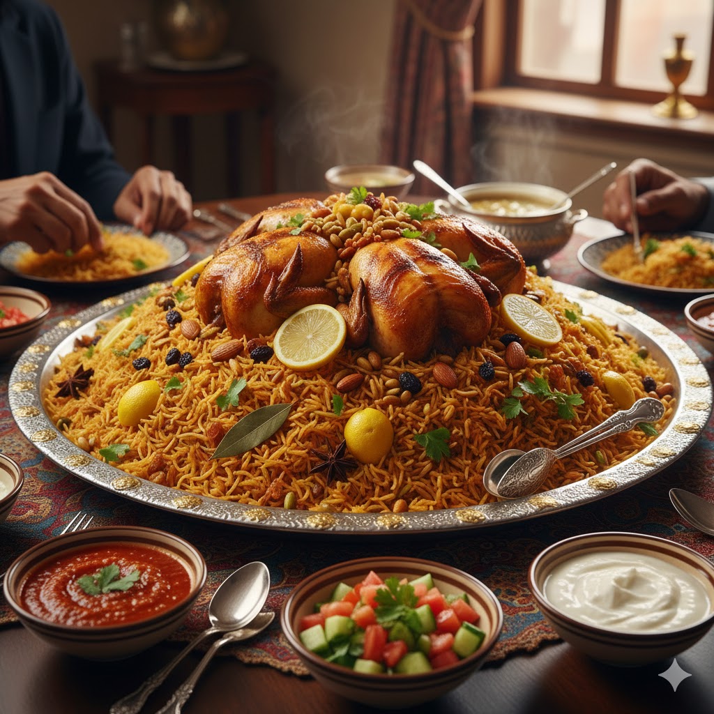Kabsa de pollo presentado en bandeja grande tradicional con decoraciones doradas