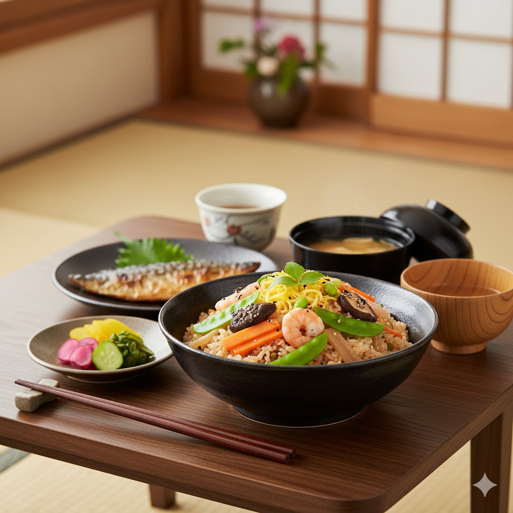 Kayaku Gohan servido en cuencos lacados con decoración cuidadosa y acompañamientos tradicionales