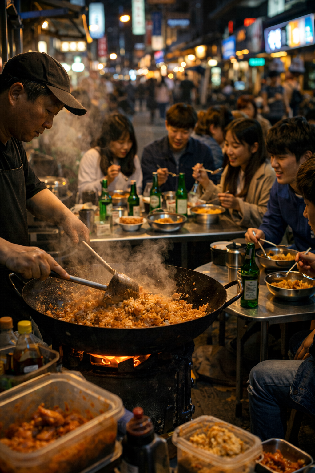 Puesto callejero de kimchi bokkeumbap en Seúl por la noche con estudiantes comiendo