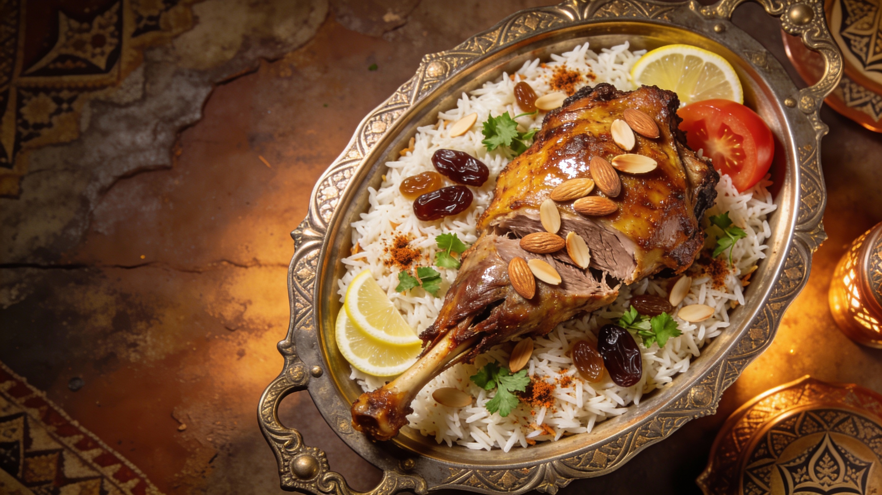 Mandi yemení con cordero tierno sobre arroz aromático, decorado con almendras, pasas y hierbas frescas