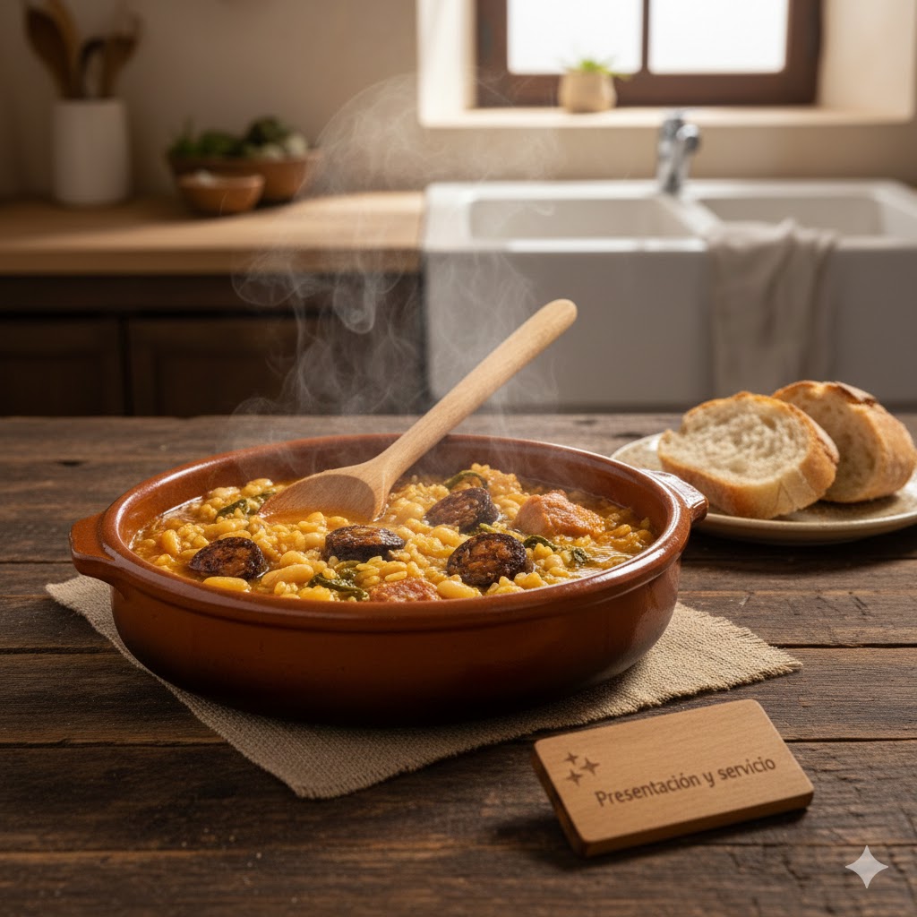 Arròs amb fesols i naps servido en cazuela: arroz caldoso con alubias, napicol y morcilla