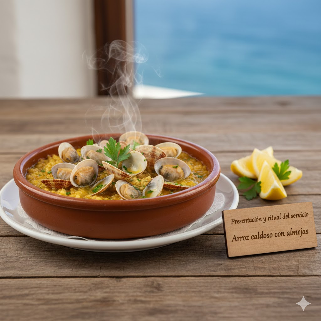 Arroz caldoso con almejas servido en cazuela individual con almejas bien visibles