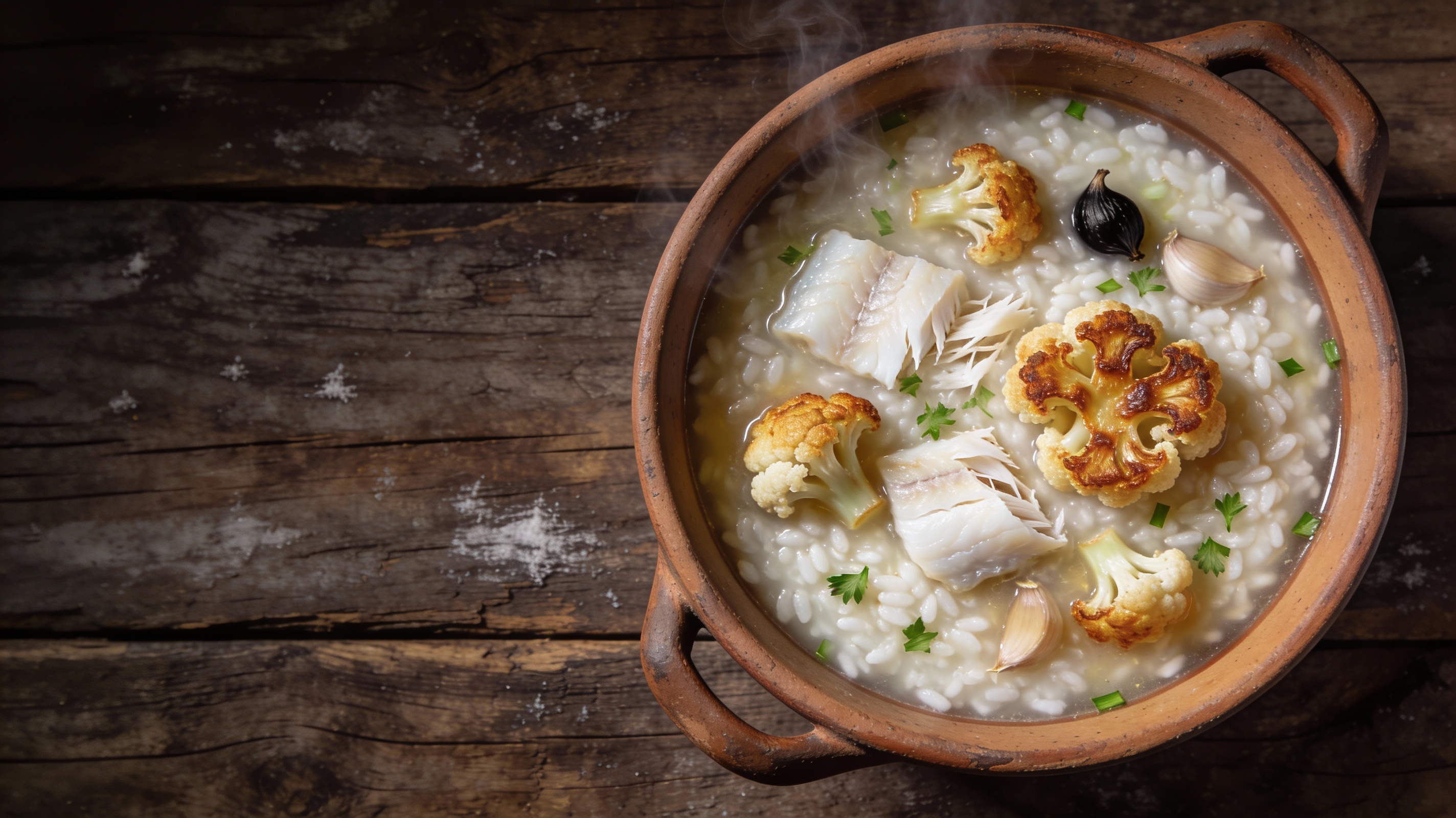 Arroz meloso con bacalao desmigado y coliflor dorada, servido en cazuela de barro