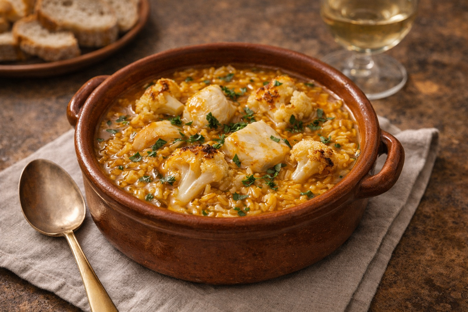 Arroz meloso con bacalao y coliflor presentado en cazuela de barro